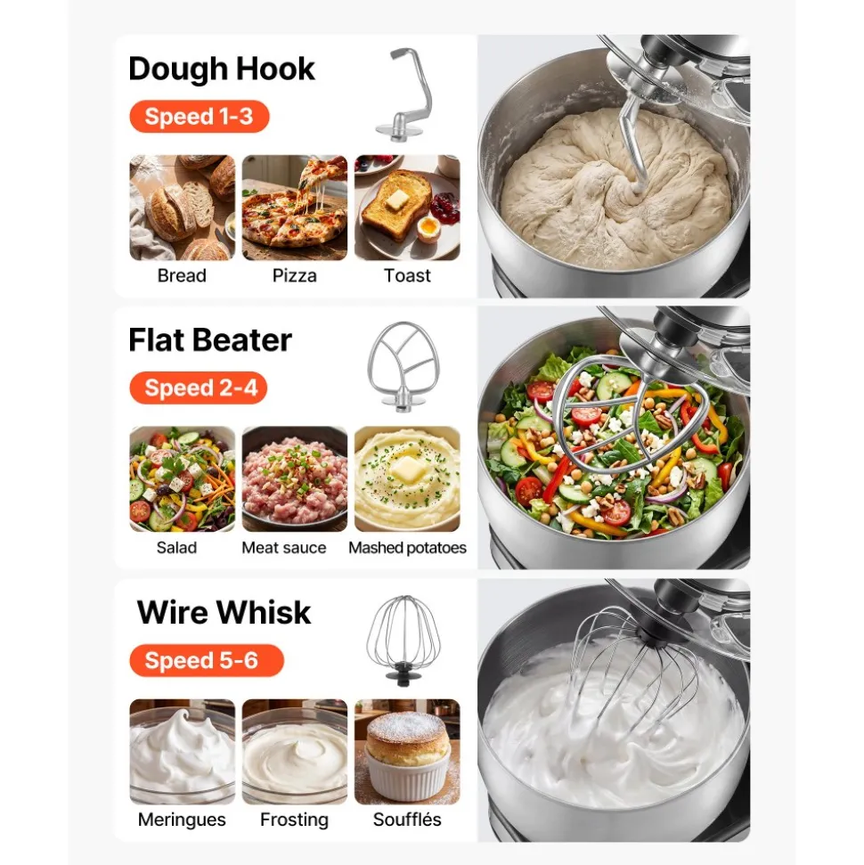 VEVOR 7.4 Qt Tilt Head Stand Mixer 500W Electric Dough Mixer, 6 Speeds with Pulse Food Kitchen Mixer with Stainless Steel Bowl, Splash Guard, Dough Hook, Whisk, Beater, for Baking Mixing