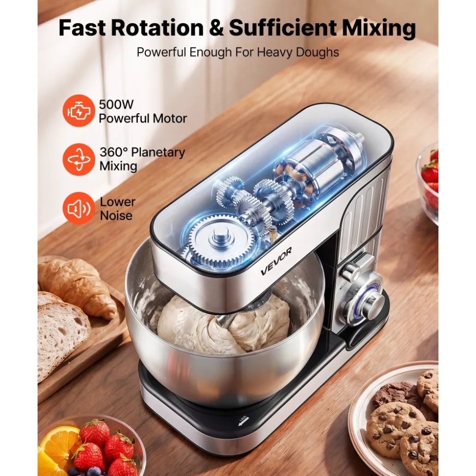 VEVOR 7.4 Qt Tilt Head Stand Mixer 500W Electric Dough Mixer, 6 Speeds with Pulse Food Kitchen Mixer with Stainless Steel Bowl, Splash Guard, Dough Hook, Whisk, Beater, for Baking Mixing