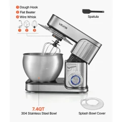 VEVOR 7.4 Qt Tilt Head Stand Mixer 500W Electric Dough Mixer, 6 Speeds with Pulse Food Kitchen Mixer with Stainless Steel Bowl, Splash Guard, Dough Hook, Whisk, Beater, for Baking Mixing