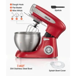 VEVOR 7.4 Qt Tilt Head Stand Mixer 500W Electric Dough Mixer, 6 Speeds with Pulse Food Kitchen Mixer with Stainless Steel Bowl, Splash Guard, Dough Hook, Whisk, Beater, for Baking Mixing
