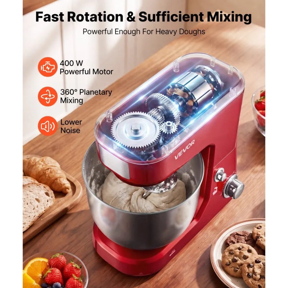 VEVOR 5.3 Qt Tilt Head Stand Mixer 400W Electric Dough Mixer, 10 Speeds Food Kitchen Mixer with Stainless Steel Bowl, Splash Guard, Dough Hook, Whisk, Beater, for Baking Mixing