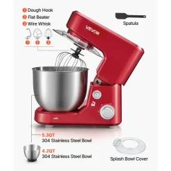 VEVOR 5.3 Qt Tilt Head Stand Mixer 400W Electric Dough Mixer, 10 Speeds Food Kitchen Mixer with Stainless Steel Bowl, Splash Guard, Dough Hook, Whisk, Beater, for Baking Mixing