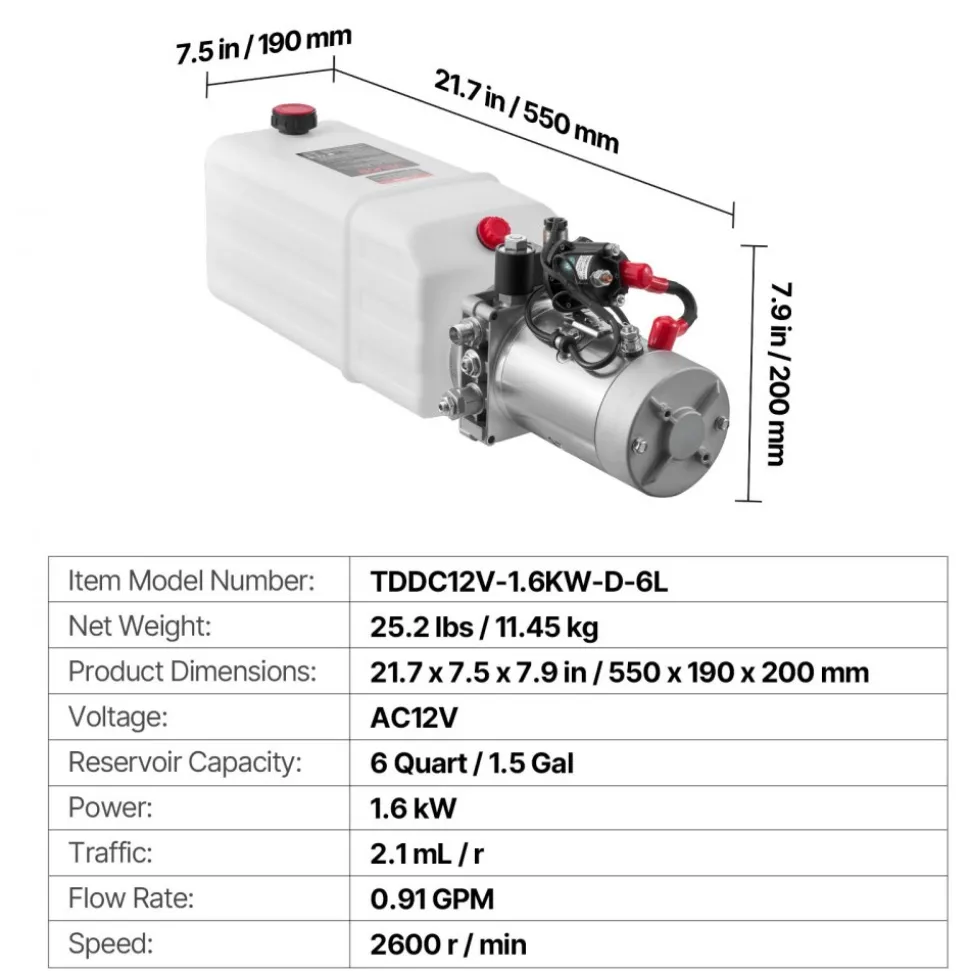 VEVOR 6 Quart Hydraulic Power Unit, Single Acting Dump Trailer Pump, 3200 PSI Max Relief Pressure & 0.91 GPM Flow Rate, DC 12V Hydraulic Pump with Metal Reservoir for Dump Trailer Car Lifting, White