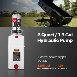 VEVOR 6 Quart Hydraulic Power Unit, Single Acting Dump Trailer Pump, 3200 PSI Max Relief Pressure & 0.91 GPM Flow Rate, DC 12V Hydraulic Pump with Metal Reservoir for Dump Trailer Car Lifting, White