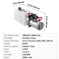 VEVOR 6 Quart Hydraulic Power Unit, Double Acting Dump Trailer Pump, 3200 PSI Max Relief Pressure & 0.91 GPM Flow Rate, DC 12V Hydraulic Pump with Metal Reservoir for Dump Trailer Car Lifting, White