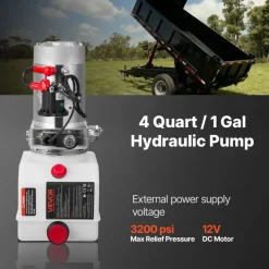 VEVOR 4 Quart Hydraulic Power Unit, Single Acting Dump Trailer Pump, 3200 PSI Max Relief Pressure & 0.91 GPM Flow Rate, DC 12V Hydraulic Pump with Metal Reservoir for Dump Trailer Car Lifting
