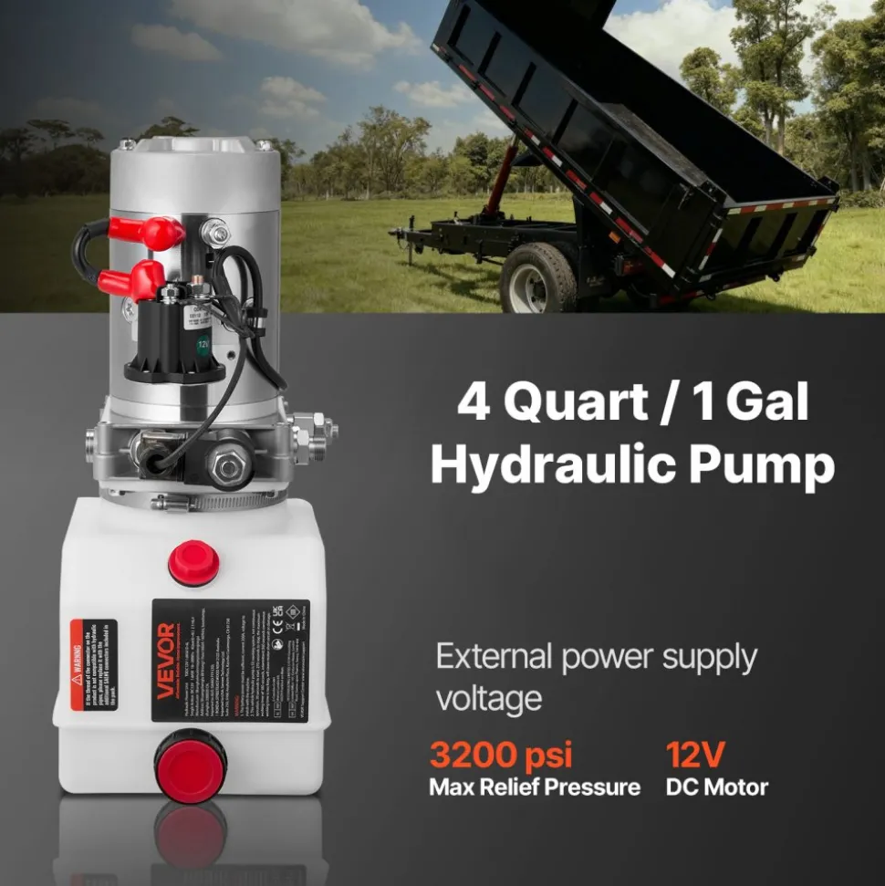 VEVOR 4 Quart Hydraulic Power Unit, Single Acting Dump Trailer Pump, 3200 PSI Max Relief Pressure & 0.91 GPM Flow Rate, DC 12V Hydraulic Pump with Metal Reservoir for Dump Trailer Car Lifting