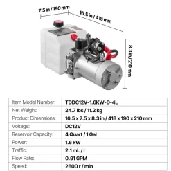 VEVOR 4 Quart Hydraulic Power Unit, Single Acting Dump Trailer Pump, 3200 PSI Max Relief Pressure & 0.91 GPM Flow Rate, DC 12V Hydraulic Pump with Metal Reservoir for Dump Trailer Car Lifting