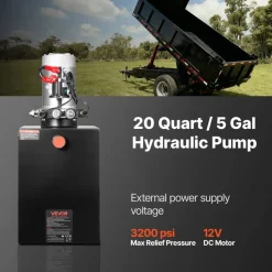VEVOR 20 Quart Hydraulic Power Unit, Double Acting Dump Trailer Pump, 3200 PSI Max Relief Pressure & 0.91 GPM Flow Rate, DC 12V Hydraulic Pump with Metal Reservoir for Dump Trailer Car Lifting