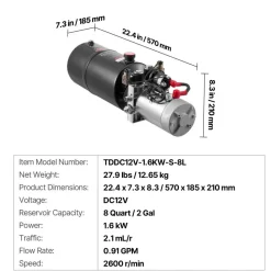 VEVOR 4 Quart Hydraulic Power Unit, Double Acting Dump Trailer Pump, 3200 PSI Max Relief Pressure & 0.91 GPM Flow Rate, DC 12V Hydraulic Pump with Metal Reservoir for Dump Trailer Car Lifting, White