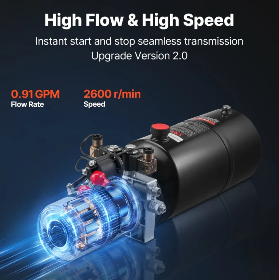 VEVOR 8 Quart Hydraulic Power Unit, Double Acting Dump Trailer Pump, 3200 PSI Max Relief Pressure & 0.91 GPM Flow Rate, DC 12V Hydraulic Pump with Metal Reservoir for Dump Trailer Car Lifting