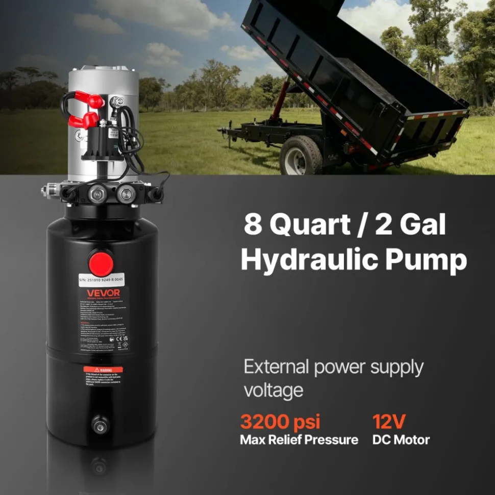 VEVOR 8 Quart Hydraulic Power Unit, Double Acting Dump Trailer Pump, 3200 PSI Max Relief Pressure & 0.91 GPM Flow Rate, DC 12V Hydraulic Pump with Metal Reservoir for Dump Trailer Car Lifting