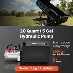 VEVOR 20 Quart Hydraulic Pump, Double Acting Dump Trailer Pump, 3200PSI Max Relief Pressure, 0.91 GPM Flow Rate, DC12V 1.6KW Hydraulic Power Unit for Dump Trailer Car Lifting (Horizontal Installation)