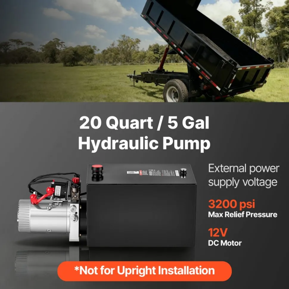 VEVOR 20 Quart Hydraulic Pump, Double Acting Dump Trailer Pump, 3200PSI Max Relief Pressure, 0.91 GPM Flow Rate, DC12V 1.6KW Hydraulic Power Unit for Dump Trailer Car Lifting (Horizontal Installation)