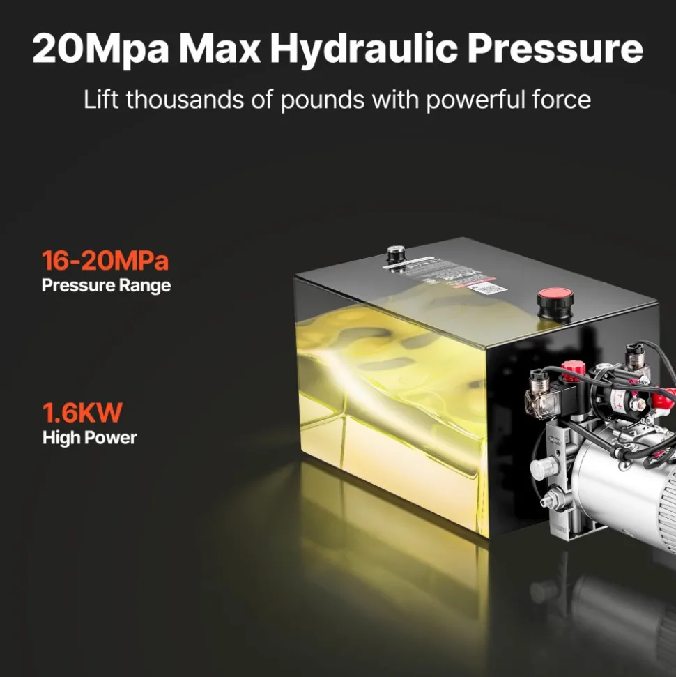 VEVOR 20 Quart Hydraulic Pump, Double Acting Dump Trailer Pump, 3200PSI Max Relief Pressure, 0.91 GPM Flow Rate, DC12V 1.6KW Hydraulic Power Unit for Dump Trailer Car Lifting (Horizontal Installation)