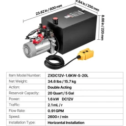 VEVOR 20 Quart Hydraulic Pump, Double Acting Dump Trailer Pump, 3200PSI Max Relief Pressure, 0.91 GPM Flow Rate, DC12V 1.6KW Hydraulic Power Unit for Dump Trailer Car Lifting (Horizontal Installation)