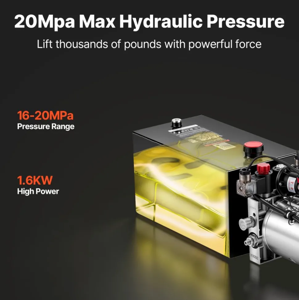 VEVOR 10 Quart Hydraulic Pump, Double Acting Hydraulic Trailer Pump, 3200PSI Max Relief Pressure, 0.91GPM Flow Rate, DC12V 1.6KW Power Unit for Dump Trailer Car Lifting (Horizontal Installation)