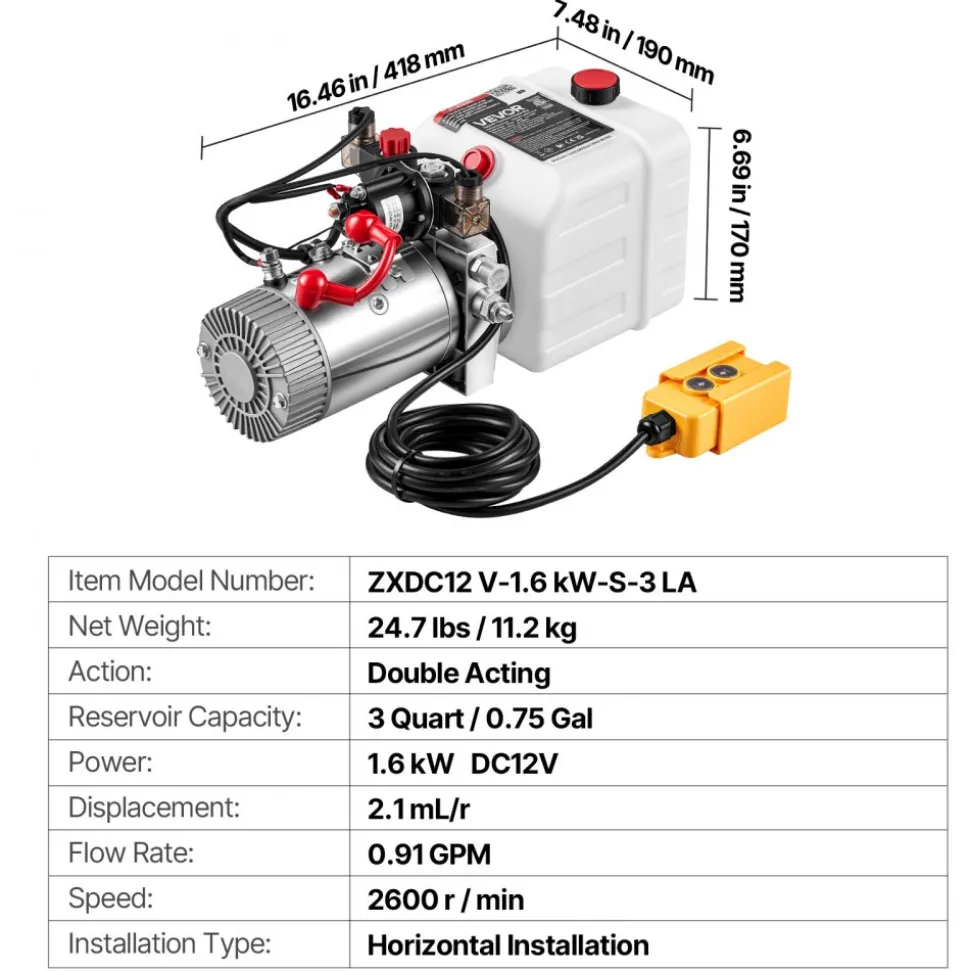 VEVOR 3 Quart Hydraulic Pump, Double Acting Dump Trailer Pump, 3200PSI Max Relief Pressure & 0.91 GPM Flow Rate, DC12V 1.6KW Hydraulic Power Unit for Dump Trailer Car Lifting (Horizontal Installation)