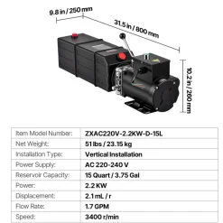 VEVOR 15 Quart Hydraulic Pump, 2.2KW Hydraulic Motor Dump Trailer Pump Single Acting, 3200 PSI Max Relief Pressure, 1.7 GPM Flow Rate, AC220-240V Hydraulic Power Unit Car Lift (Vertical Installation)