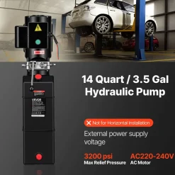 VEVOR 14 Quart Hydraulic Pump, 2.2KW Hydraulic Dump Trailer Pump Single Acting, 3200 PSI Max Relief Pressure, 1.7 GPM Flow Rate, AC220-240V Hydraulic Power Unit Car Lift (Vertical Installation)