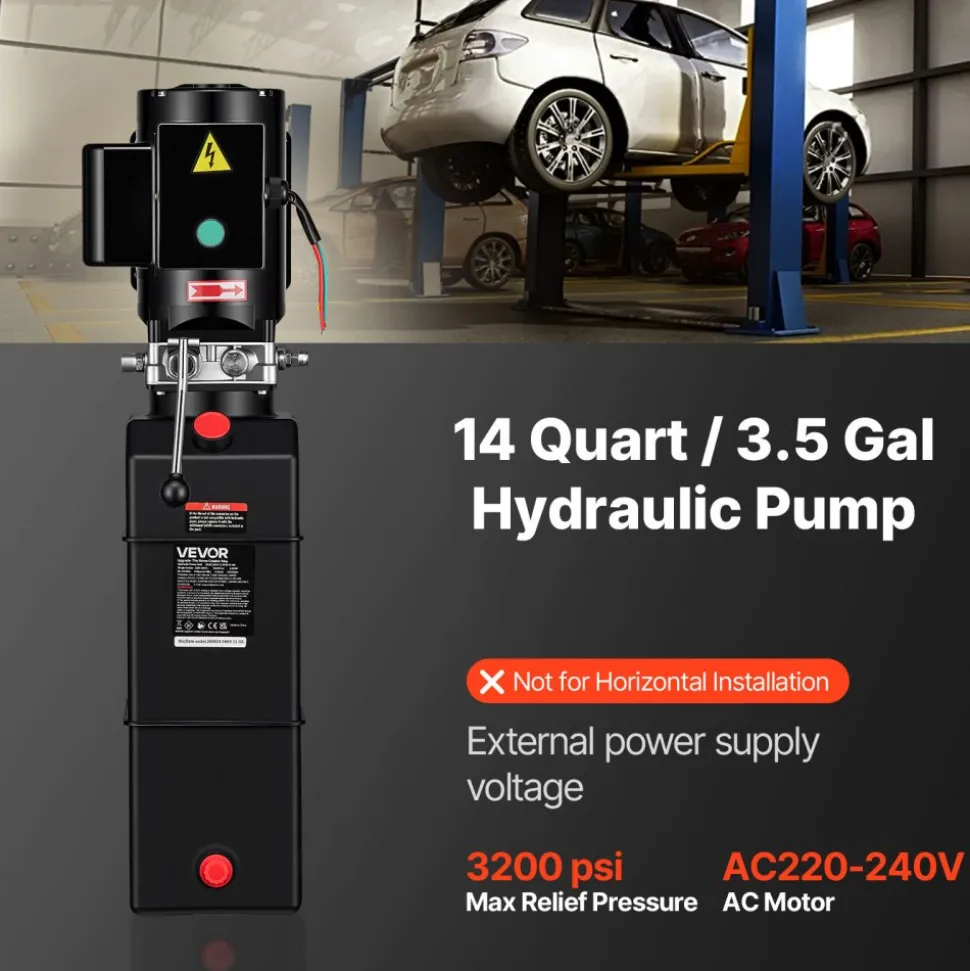 VEVOR 14 Quart Hydraulic Pump, 2.2KW Hydraulic Dump Trailer Pump Single Acting, 3200 PSI Max Relief Pressure, 1.7 GPM Flow Rate, AC220-240V Hydraulic Power Unit Car Lift (Vertical Installation)