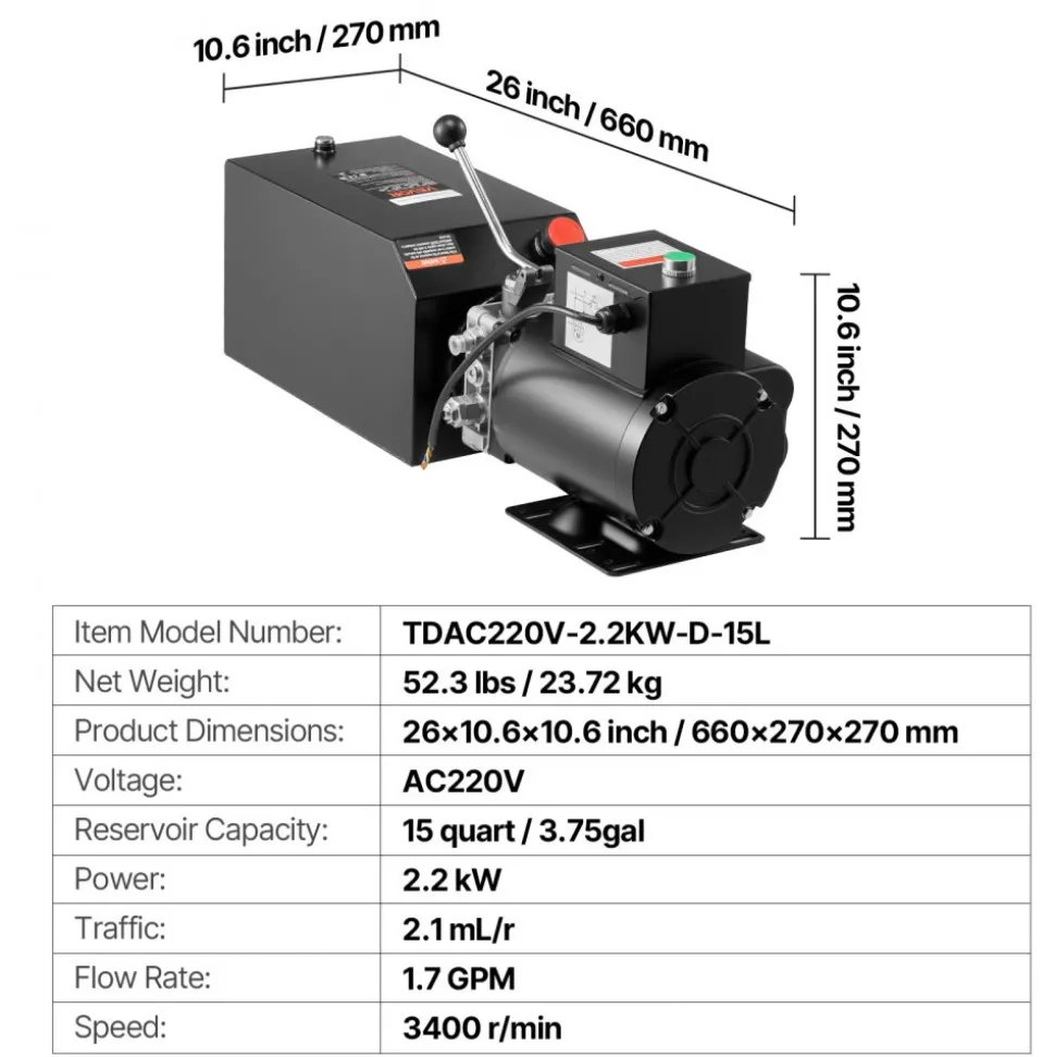 VEVOR 15 Quart Hydraulic Pump, 2.2KW Hydraulic Motor Dump Trailer Pump Single Acting, 3200 PSI Max Relief Pressure, 1.7 GPM Flow Rate, AC220-240V Hydraulic Power Unit Car Lift (Vertical Installation)