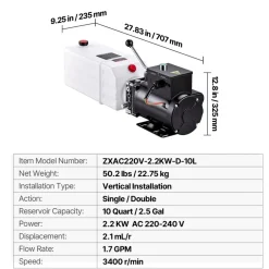VEVOR 15 Quart Hydraulic Pump, 2.2KW Hydraulic Dump Trailer Pump Single Acting, 3200 PSI Max Relief Pressure, 1.7 GPM Flow Rate, AC220-240V Hydraulic Power Unit Car Lift (Vertical Installation)