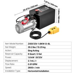 VEVOR 8 Quart Hydraulic Pump, Single Acting Hydraulic Power Unit, 3200 PSI Max Relief Pressure, 0.91 GPM Flow Rate, DC12V 1.6KW Power Unit for Dump Trailer Car Lifting (Horizontal Installation)