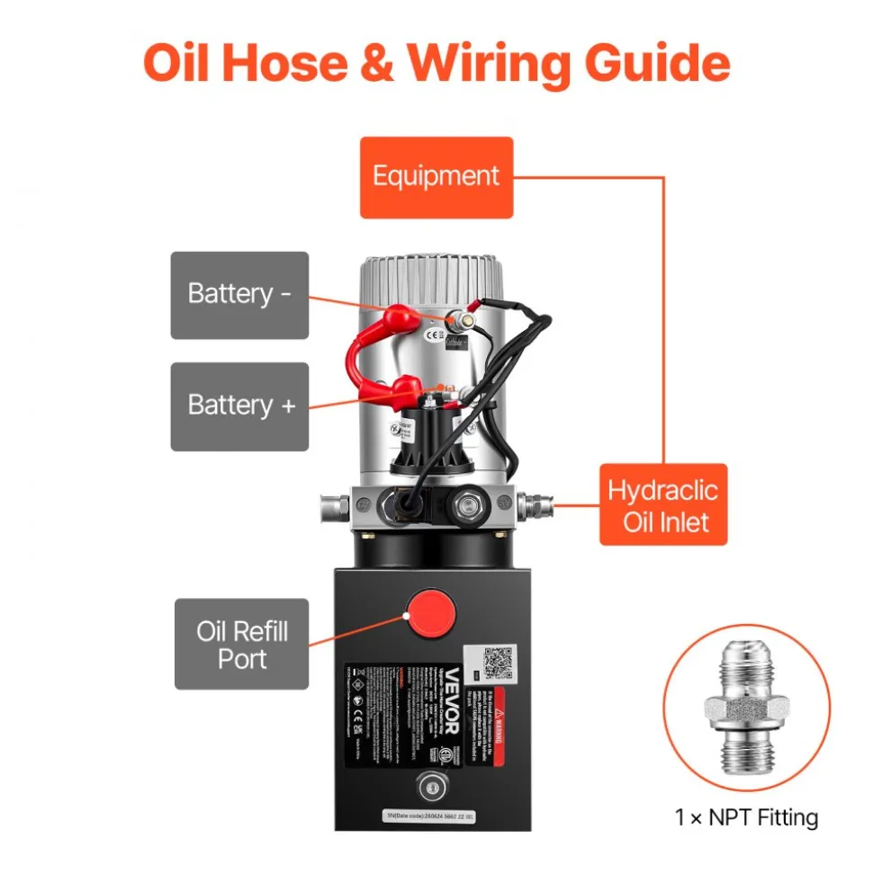 VEVOR 4 Quart Hydraulic Pump, Single Acting Hydraulic Power Unit, 3200 PSI Max Relief Pressure, 0.91 GPM Flow Rate, DC12V 1.6KW Power Unit for Dump Trailer Car Lifting (Horizontal Installation)