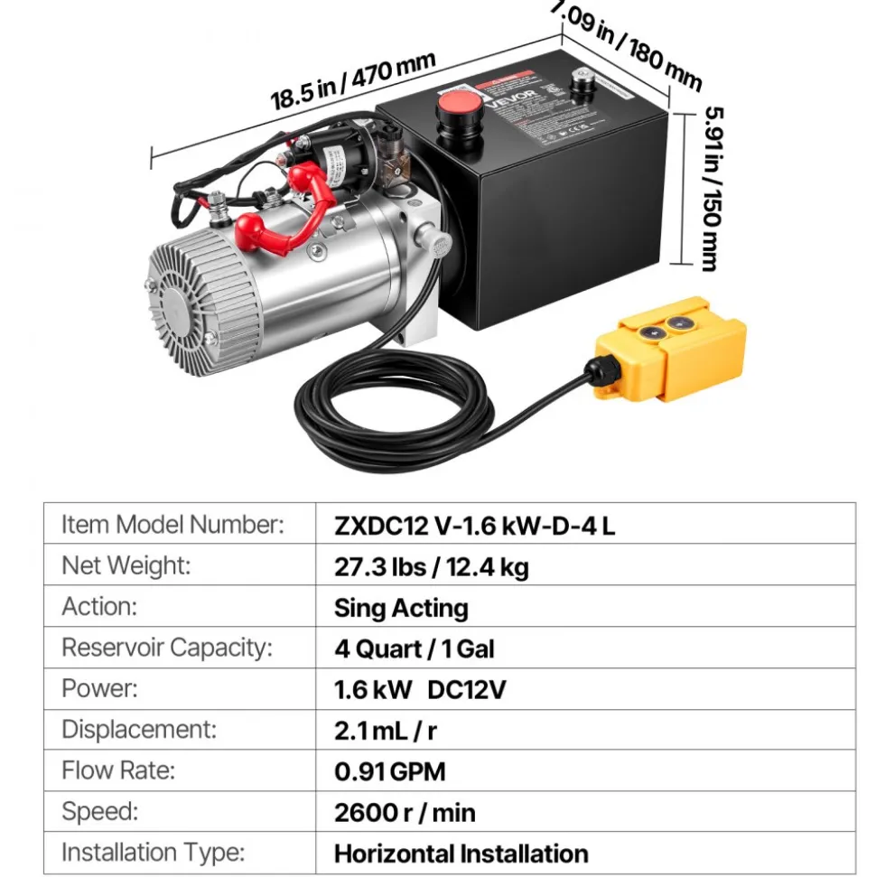 VEVOR 4 Quart Hydraulic Pump, Single Acting Hydraulic Power Unit, 3200 PSI Max Relief Pressure, 0.91 GPM Flow Rate, DC12V 1.6KW Power Unit for Dump Trailer Car Lifting (Horizontal Installation)