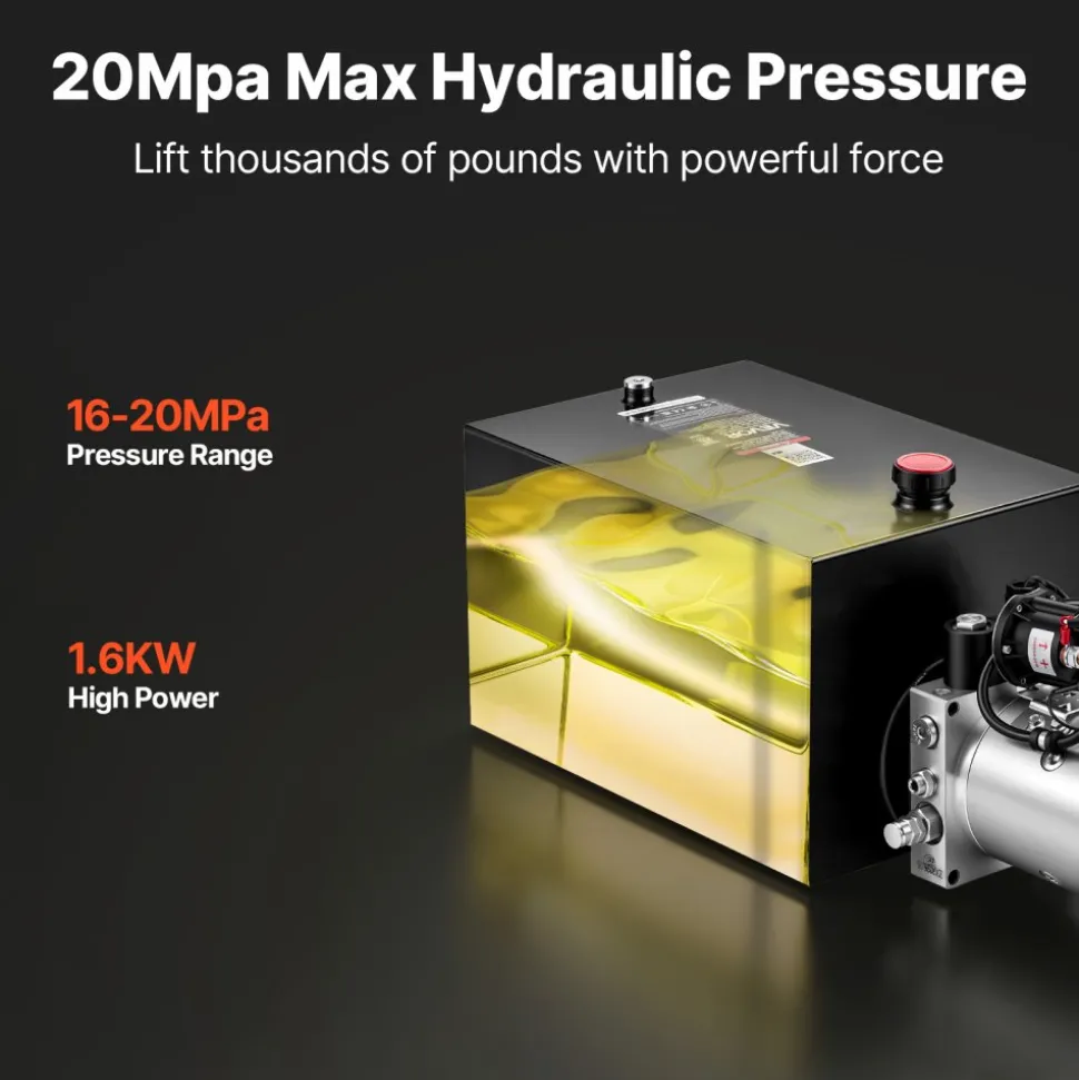 VEVOR 7 Quart Hydraulic Pump, Single Acting Dump Trailer Pump, 3200PSI Max Relief Pressure, 0.91 GPM Flow Rate, DC 12V 1.6KW Hydraulic Power Unit for Dump Trailer Car Lifting (Horizontal Installation)