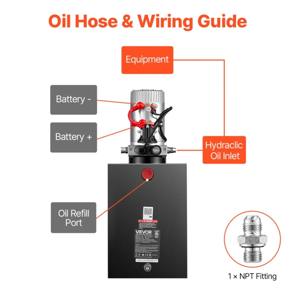 VEVOR 7 Quart Hydraulic Pump, Single Acting Dump Trailer Pump, 3200PSI Max Relief Pressure, 0.91 GPM Flow Rate, DC 12V 1.6KW Hydraulic Power Unit for Dump Trailer Car Lifting (Horizontal Installation)