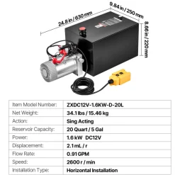 VEVOR 7 Quart Hydraulic Pump, Single Acting Dump Trailer Pump, 3200PSI Max Relief Pressure, 0.91 GPM Flow Rate, DC 12V 1.6KW Hydraulic Power Unit for Dump Trailer Car Lifting (Horizontal Installation)