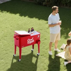 VEVOR 80 Quart Rolling Ice Chest, Holds up to 50 Bottles / 110 Cans, Portable Patio Party Bar Drink Cooler Cart with 4 Swivel Casters (2 with Brakes), Beverage Cooler Trolley with Bottle Opener, Red