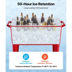 VEVOR 80 Quart Rolling Ice Chest, Holds up to 50 Bottles / 110 Cans, Portable Patio Party Bar Drink Cooler Cart with 4 Swivel Casters (2 with Brakes), Beverage Cooler Trolley with Bottle Opener, Red