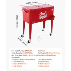 VEVOR 80 Quart Rolling Ice Chest, Holds up to 50 Bottles / 110 Cans, Portable Patio Party Bar Drink Cooler Cart with 4 Swivel Casters (2 with Brakes), Beverage Cooler Trolley with Bottle Opener, Red
