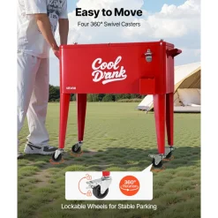 VEVOR 80 Quart Rolling Ice Chest, Holds up to 50 Bottles / 110 Cans, Portable Patio Party Bar Drink Cooler Cart with 4 Swivel Casters (2 with Brakes), Beverage Cooler Trolley with Bottle Opener, Red