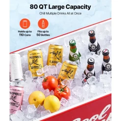 VEVOR 80 Quart Rolling Ice Chest, Holds up to 50 Bottles / 110 Cans, Portable Patio Party Bar Drink Cooler Cart with 4 Swivel Casters (2 with Brakes), Beverage Cooler Trolley with Bottle Opener, Red