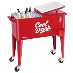 VEVOR 80 Quart Rolling Ice Chest, Holds up to 50 Bottles / 110 Cans, Portable Patio Party Bar Drink Cooler Cart with 4 Swivel Casters (2 with Brakes), Beverage Cooler Trolley with Bottle Opener, Red