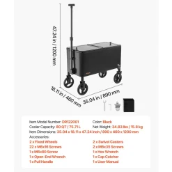 VEVOR 80 Quart Rolling Ice Chest Cart, with 2-Stage Telescopic Pull Handle and 2 Swivel Casters, Portable Table Beach Patio Party Bar Cold Drink Beverage, Outdoor Park Cart on Wheels, Black