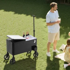 VEVOR 80 Quart Rolling Ice Chest Cart, with 2-Stage Telescopic Pull Handle and 2 Swivel Casters, Portable Table Beach Patio Party Bar Cold Drink Beverage, Outdoor Park Cart on Wheels, Black