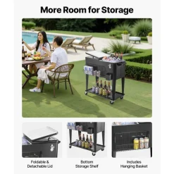 VEVOR 80 Quart Rolling Ice Chest, Holds up to 50 Bottles / 110 Cans, Portable Patio Party Bar Drink Cooler Cart with Bottom Shelf, Beverage Pool with Side Basket and Bottle Opener, Black