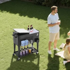 VEVOR 80 Quart Rolling Ice Chest, Holds up to 50 Bottles / 110 Cans, Portable Patio Party Bar Drink Cooler Cart with Bottom Shelf, Beverage Pool with Side Basket and Bottle Opener, Black