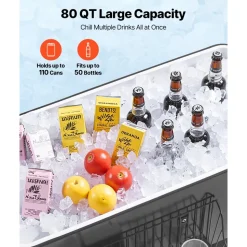 VEVOR 80 Quart Rolling Ice Chest, Holds up to 50 Bottles / 110 Cans, Portable Patio Party Bar Drink Cooler Cart with Bottom Shelf, Beverage Pool with Side Basket and Bottle Opener, Black