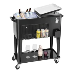 VEVOR 80 Quart Rolling Ice Chest, Holds up to 50 Bottles / 110 Cans, Portable Patio Party Bar Drink Cooler Cart with Bottom Shelf, Beverage Pool with Side Basket and Bottle Opener, Black