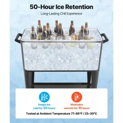 VEVOR 80 Quart Rolling Ice Chest, Holds up to 50 Bottles / 110 Cans, Portable Patio Party Bar Drink Cooler Cart with Bottom Shelf, Beverage Pool with Side Basket and Bottle Opener, Black