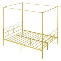 VEVOR Queen Size Canopy Bed Frame, Metal Canopy Bed with Minimalist Headboard & Four Posters Design, Heavy Duty Steel Slats Support, Underbed Storage Space, No Box Spring Needed, Easy Assembly, Gold