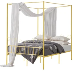 VEVOR Queen Size Canopy Bed Frame, Metal Canopy Bed with Minimalist Headboard & Four Posters Design, Heavy Duty Steel Slats Support, Underbed Storage Space, No Box Spring Needed, Easy Assembly, Gold