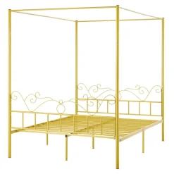 VEVOR Queen Size Canopy Bed Frame, Metal Canopy Bed with Minimalist Headboard & Four Posters Design, Heavy Duty Steel Slats Support, Underbed Storage Space, No Box Spring Needed, Easy Assembly, Gold