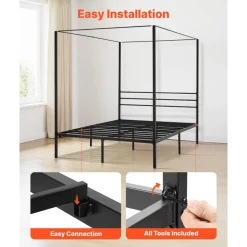 VEVOR Queen Size Canopy Bed Frame, Metal Canopy Bed with Four Posters Design, Heavy Duty Steel Slats Support, Underbed Storage Space, No Box Spring Needed, Easy Assembly, Black